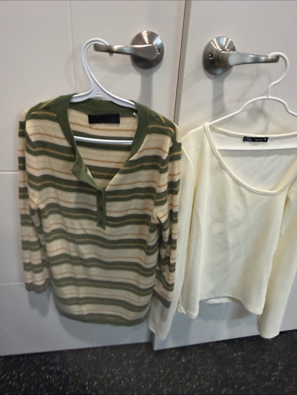Zara Green & Cream Striped Henley Knit Sweater - Picture 6 of 6